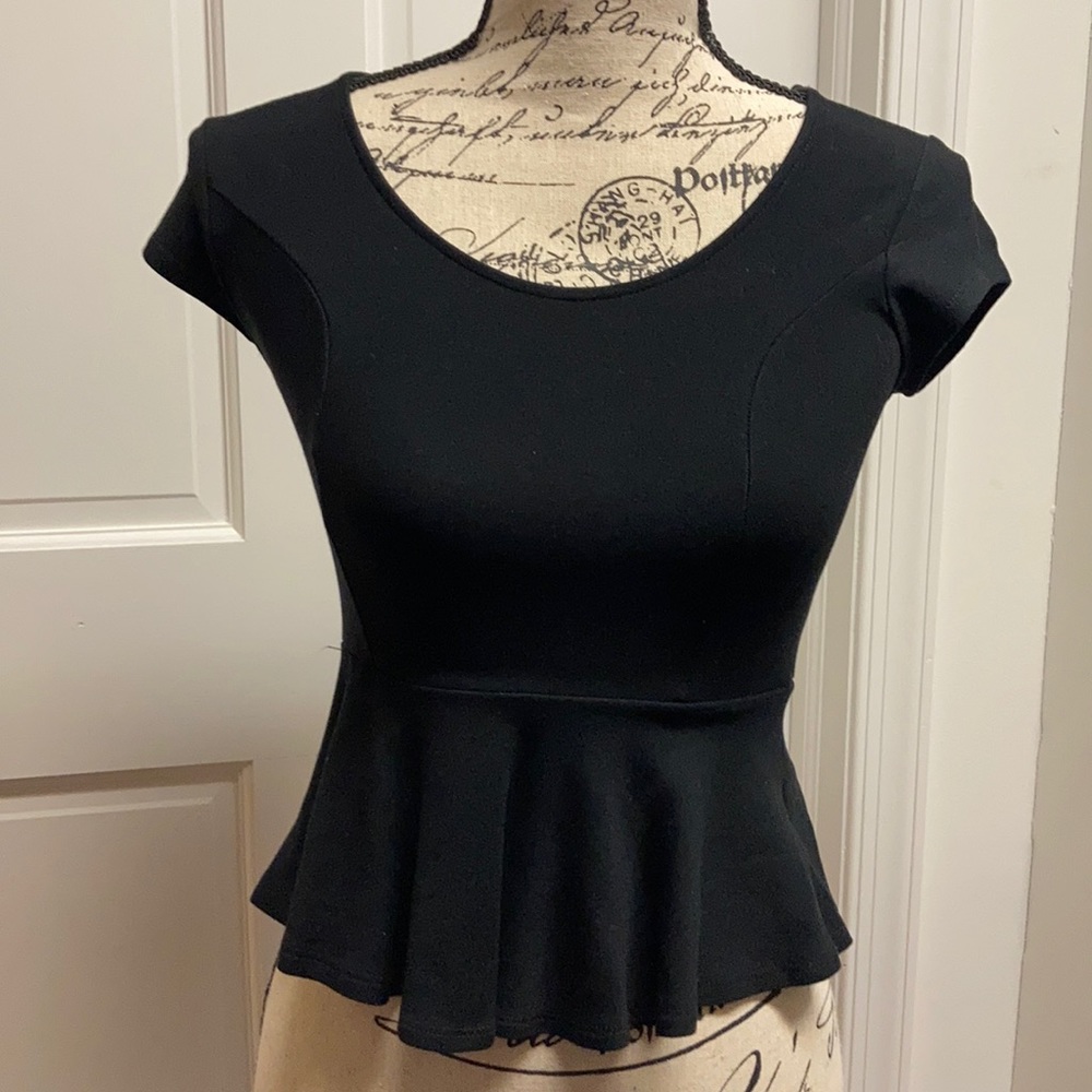 Black Peplum Top with Cutout Back - Sparkle & Fade